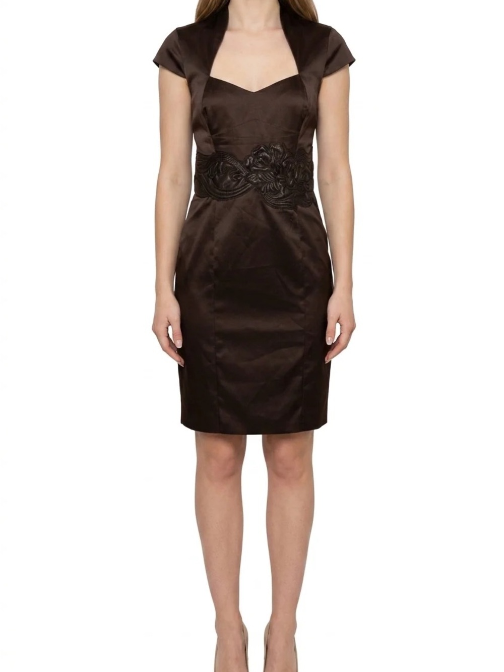 Karen Millen Dark Brown Midi Dress with Faux Leather Floral Embroidered Waist - Picture 2 of 12